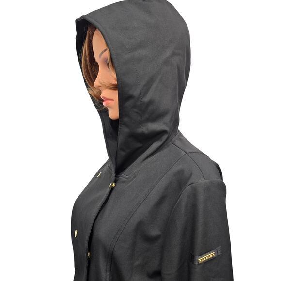 NWOT Via Spiga Hooded Trench Coat Raincoat Black Animal Print Faux Fur Lining M - Picture 12 of 16